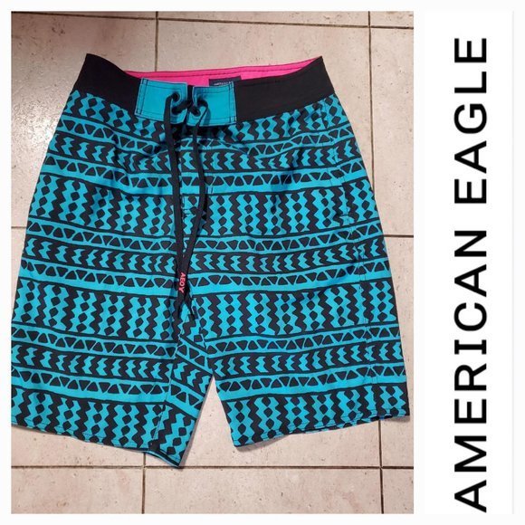 American Eagle Swim Trunks XS Blue Black‎ Striped Geometric Beach A53 - Picture 1 of 4